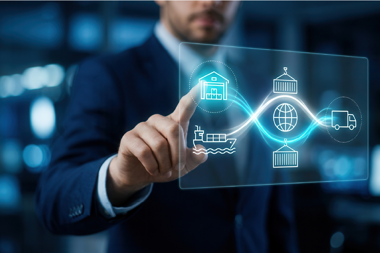 AI generated image depicting digital supply chain interface showing resilient global distribution, logistics, and adaptive warehouse operations